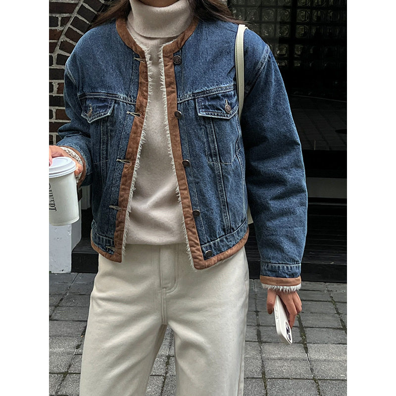 羊羔毛绒牛仔外套女2022年新款复古棒球棉衣oversize棉服加绒加厚