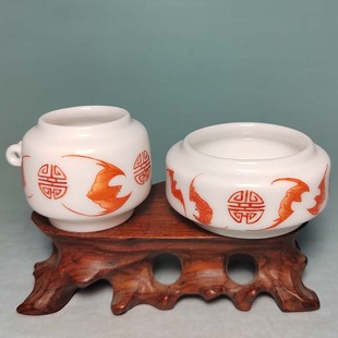 手绘红寿字两件套绣眼鸟食罐景德镇陶瓷鸟笼配件小鸟喂食器鸟食碗