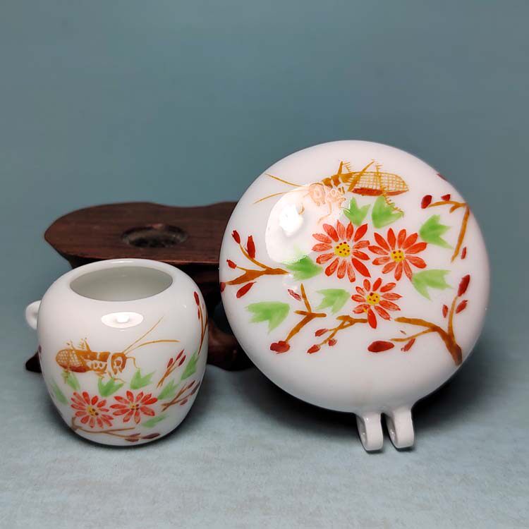 手绘虫草两件套绣眼鸟食罐景德镇陶瓷鸟笼配件金青鸟食碗鸟食缸