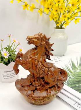中式桃木雕马客厅摆件