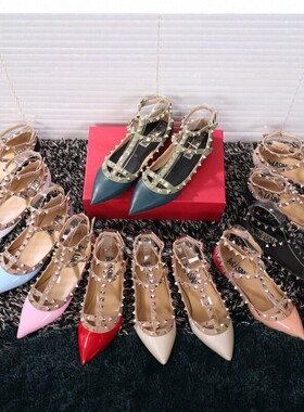 2023新款平跟鞋铆钉尖头平底平底单鞋小码33浅口真皮绑带平跟鞋