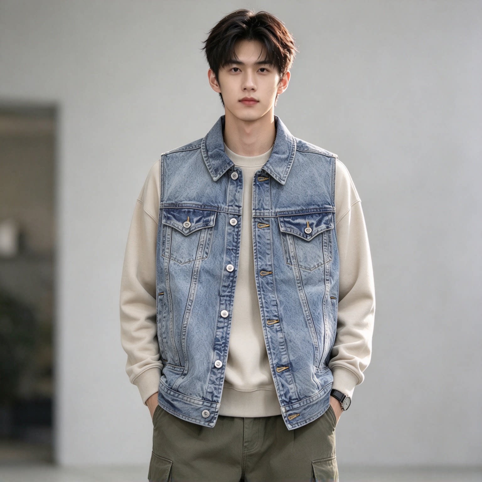 ABLEJEANS牛仔翻领男女无袖马甲