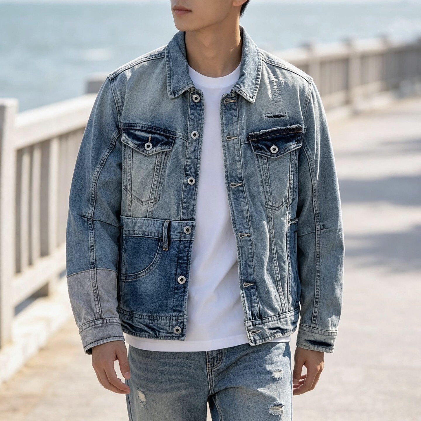 解构风秋季外套男牛仔夹克短外套潮流青年时髦拼接上衣休闲男甲壳