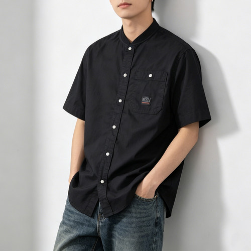福利夏季薄款黑色男短袖衬衫ABLE JEANS纯棉休闲衬衣宽松潮流青年
