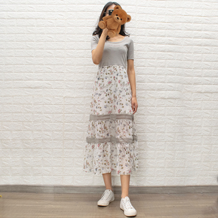 新品 淑女范雪纺裙拼接中长连身裙子 JEANS女士连衣裙碎花夏季 ABLE