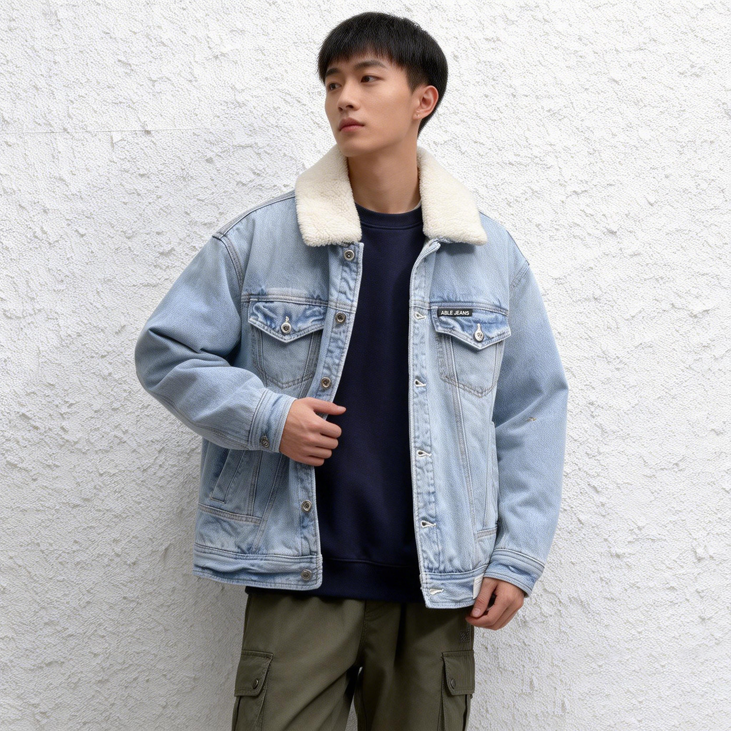 男女牛仔棉服仿羊羔绒夹克ABLE JEANS冬季翻领潮流街头厚棉衣外套