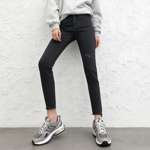 中腰提臀裤ABLE JEANS女牛仔裤黑色紧身弹力铅笔裤春秋破洞小脚裤