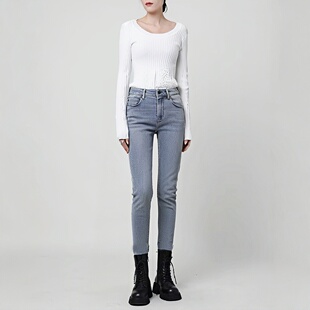 显紧身九分裤 ABLE JEANS女士厚实超弹水洗做旧高腰牛仔裤 裤 小脚裤