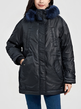 冬季棉服女外套ABLE JEANS女上衣中长款连帽派克黑色迷彩防风冬装