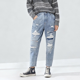 显瘦藏肉休闲破洞补丁女九分裤 巨实惠 JEANS女牛仔裤 ABLE 妈咪裤