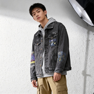 ABLE JEANS牛仔夹克男外套宽松高街潮流摇滚风刺绣男上衣 新款 春季