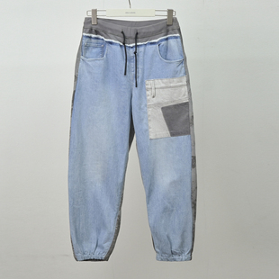 商场同款中国想象ABLE JEANS男牛仔裤松紧腰拼色束脚裤休闲直筒裤