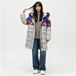 柜价2499厚款ABLEJEANS羽绒服女式中长款北方抗冻羽绒衣拼色潮流