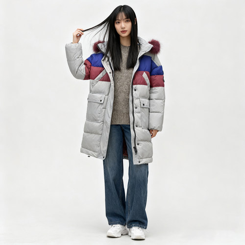 柜价2499厚款ABLEJEANS羽绒服女式中长款北方抗冻羽绒衣拼色潮流