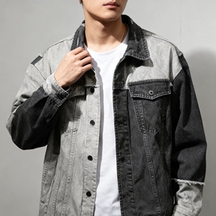 重工解构牛仔夹克中国想象able jeans男女拼接撞色休闲外套秋上装