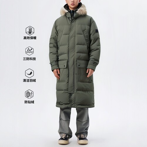 三防户外长款羽绒服男连帽大毛领
