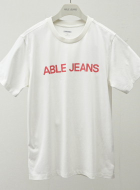 ABLE JEANS男t恤纯棉短袖圆领印花体恤衫白色纯棉宽松男士打底衫