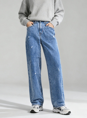 高腰直筒裤蓝色牛仔裤阔腿裤女春秋ABLE JEANS休闲宽松直筒拖地裤