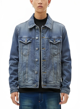 百搭神款ABLE JEANS男上衣牛仔夹克水洗做旧秋季翻领时尚男短外套