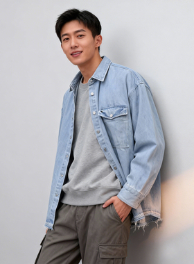 加厚超质感牛仔衬衫ABLE JEANS中性款水洗翻领宽松牛仔长袖衬衣潮