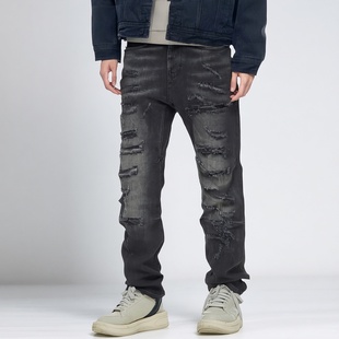 JEANS秋冬新款 厚款 男牛仔裤 宽松锥形裤 黑色潮流破洞刺绣长裤 ABLE