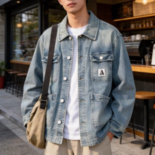 风多口袋外套男春季 休闲装 工装 JEANS牛仔夹克新款 天青蓝 ABLE