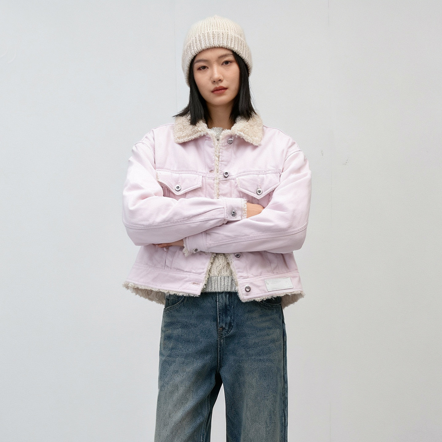 减龄短款棉服女翻领牛仔仿羊羔绒夹克冬季ABLE JEANS女粉红色棉衣