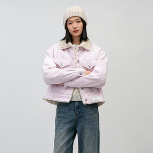 减龄短款棉服女翻领牛仔仿羊羔绒夹克冬季ABLE JEANS女粉红色棉衣