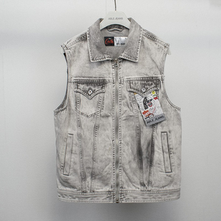 中性翻领宽松背心潮新款 马甲时尚 水洗街头牛仔机车个性 男女同款