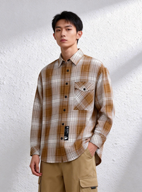 ABLE JEANS格子衬衫男长袖提花衬衣宽松日系纯棉外套休闲男士上衣