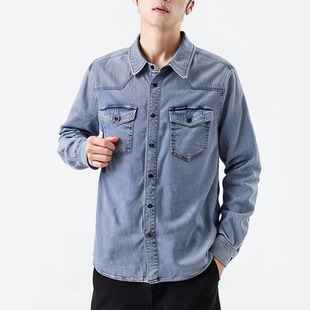 新款ABLEJEANS男复古牛仔衬衫长袖修身春季做旧水洗翻领潮流衬衣