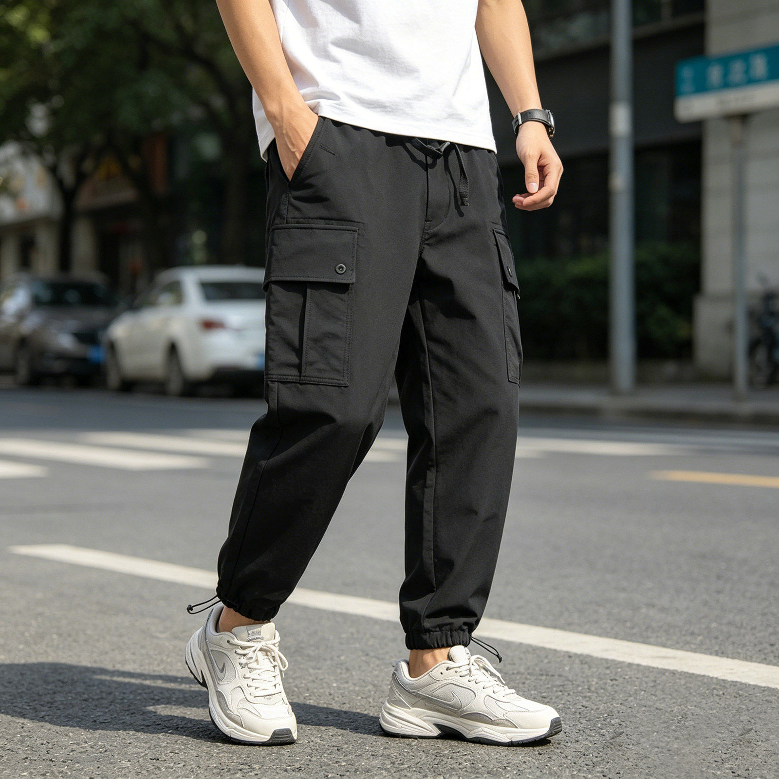 春夏新款机能裤男士工装裤黑色多口袋宽松休闲直筒长裤腰带收脚裤