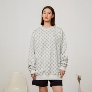 JEANS女士水洗AB字母提花圆领卫衣春秋冬宽松密织套头上衣潮 ABLE