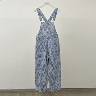 连身宽松长裤 ABLE 时尚 牛仔裤 潮 JEANS女士水洗做旧AB提花背带裤