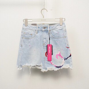 KITTY联名款 短裙 JEANS破洞牛仔泼墨半身裙女士HELLO 裙子ABLE