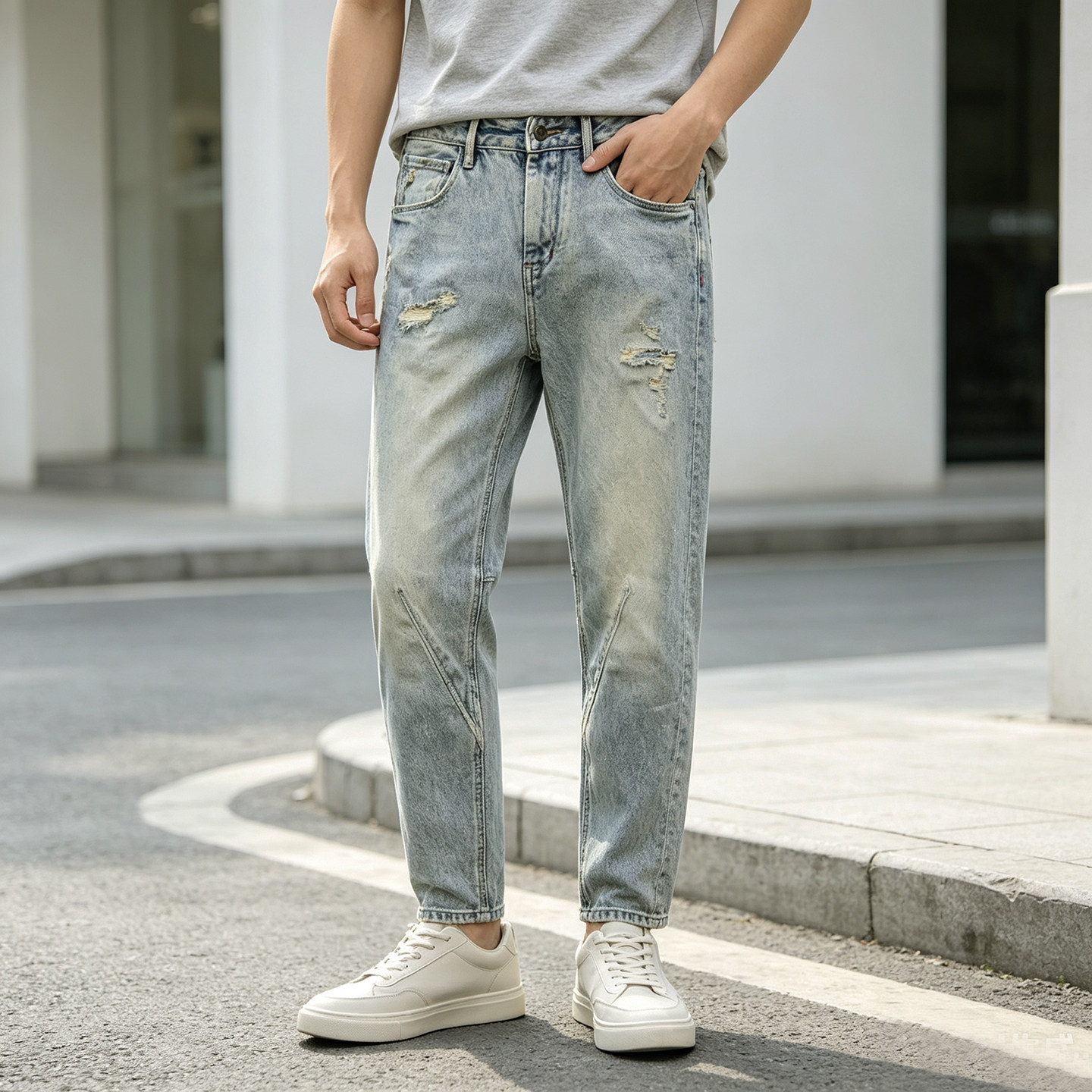 ablejeans做旧显瘦锥形牛仔裤