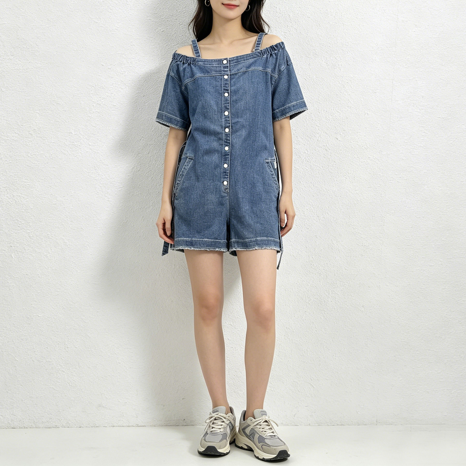 ABLEJEANS露肩牛仔弹做旧连体