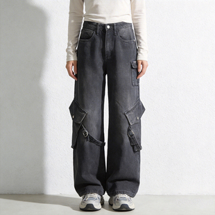 裤 大直筒宽松阔腿裤 女中高腰机能工装 JEANS牛仔裤 巨好看 ABLE