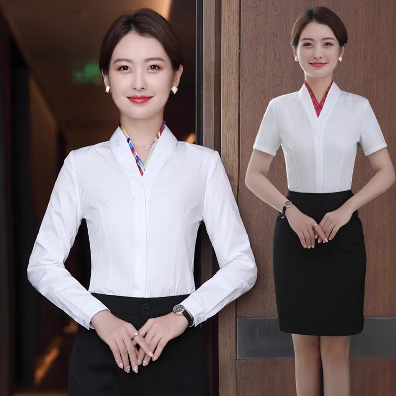 导购员空乘艺考面试正装空姐制服v领短袖白衬衫女长袖工作服衬衣