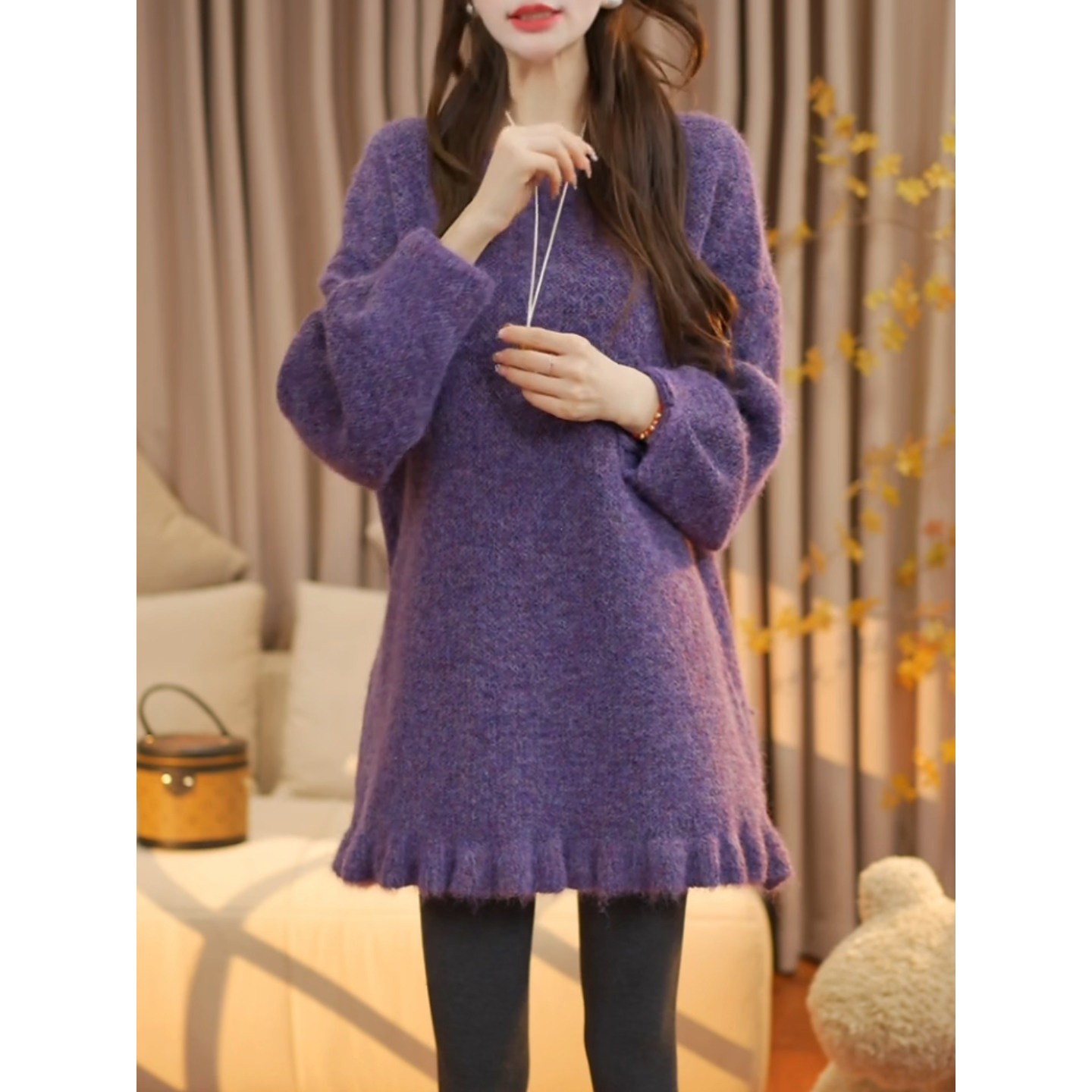 中长款毛衣女甜美紫色秋冬高级感超好看加厚宽松慵懒风遮屁股上衣,女装/女士精品,大码内搭,淘宝优惠券,粉丝福利购,淘宝优惠卷