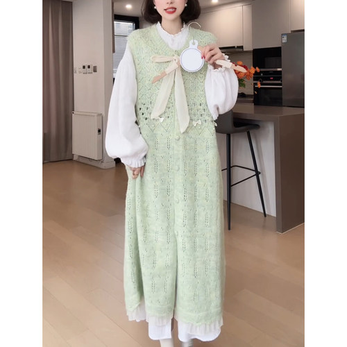 复古绿色圆领无袖背心开衫连衣裙