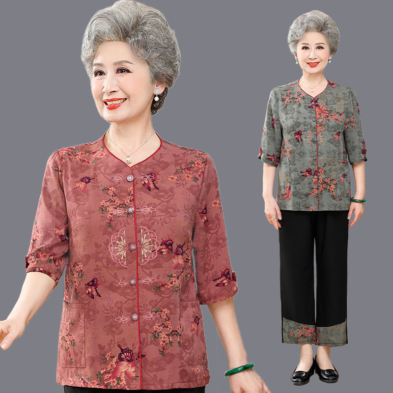 奶奶夏装套装薄款中老年人女装衬衫夏天老人衣服妈妈短袖两件套