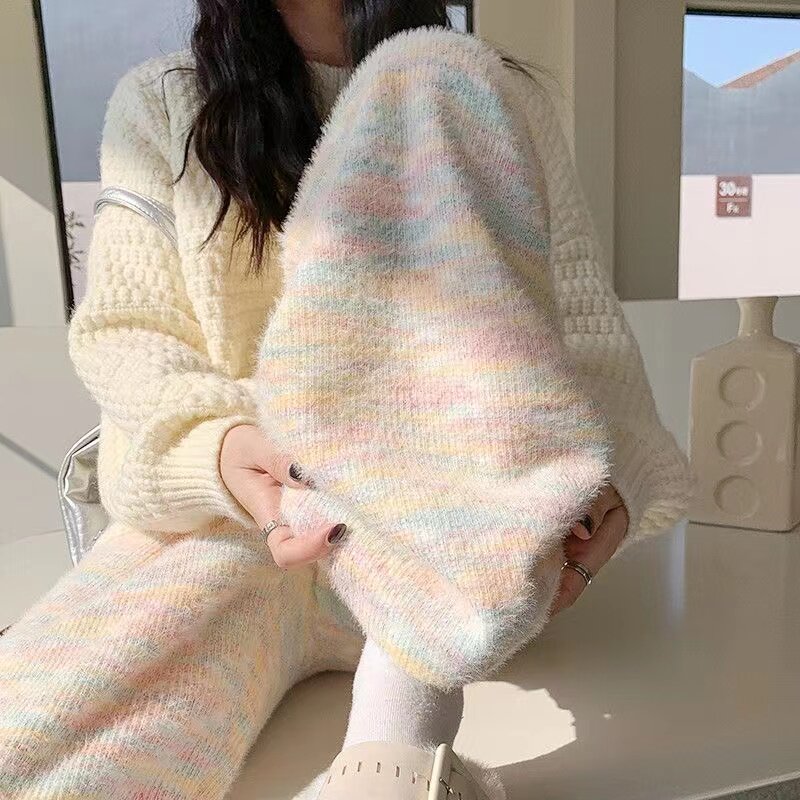 冬季加绒加厚睡裤垂感家居裤彩虹糯米阔腿裤女宽松拖地慵懒休闲裤