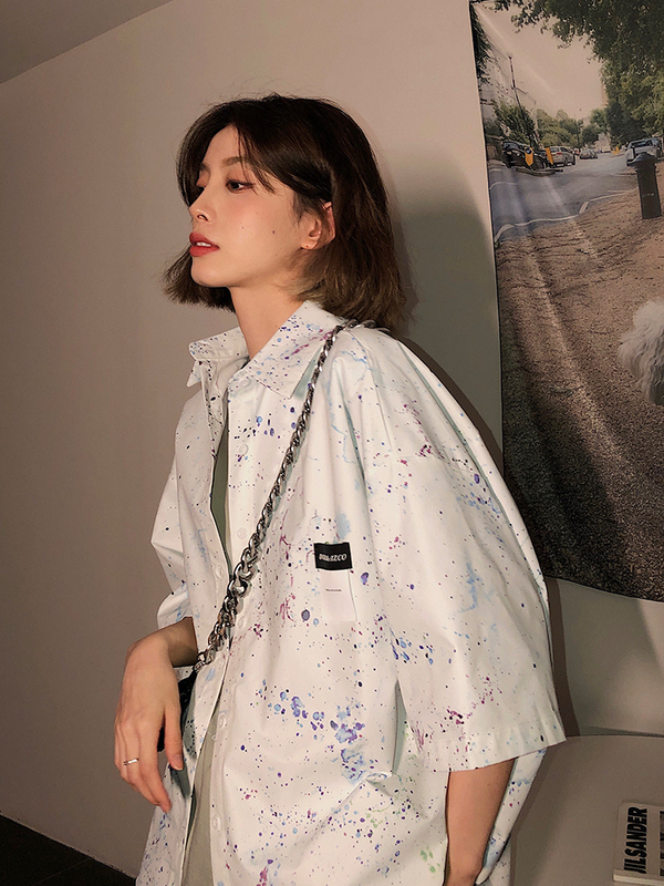 White short sleeve shirt women's 2021 summer new relaxed niche Hong Kong Style splash ink printing shirt trend