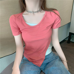 Milk silk high elastic fake two irregular short sleeve T-shirt women's summer tide net red design feeling