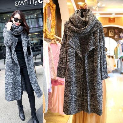 Europe station winter women's wear Bib shawl big Lapel medium length slim sweater cardigan coat