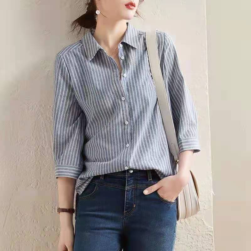 藍色條紋襯衫女春夏新款七分袖寬鬆上衣襯衣女設計感