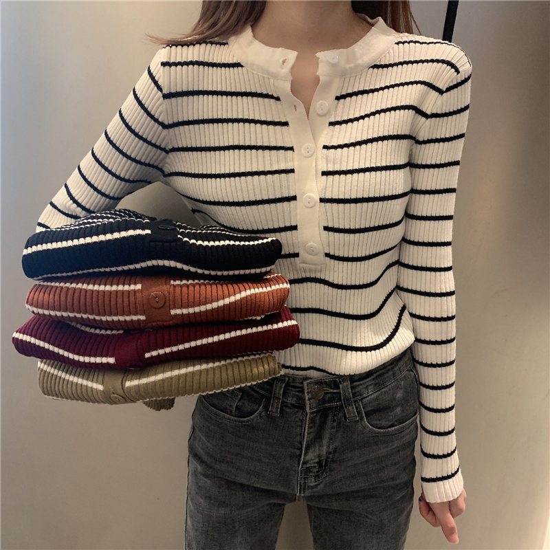 New Korean art stripe slim bottomed shirt half open collar versatile long sleeve top