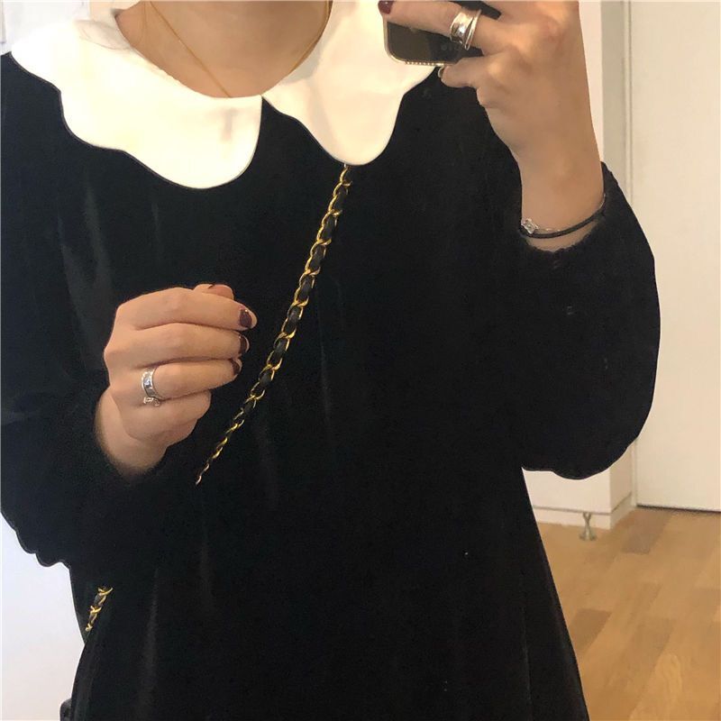 French dress women's black Hepburn style annual meeting skirt women's long sleeve student new autumn and winter mid length skirt