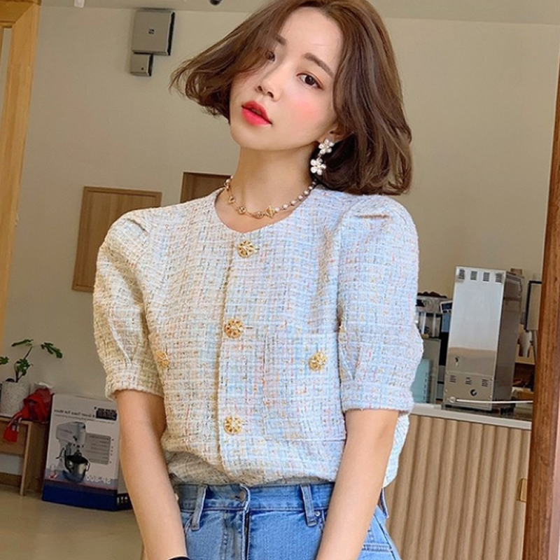 Summer wear loose and thin single breasted thick thread mixed woven gold bright silk small fragrance top